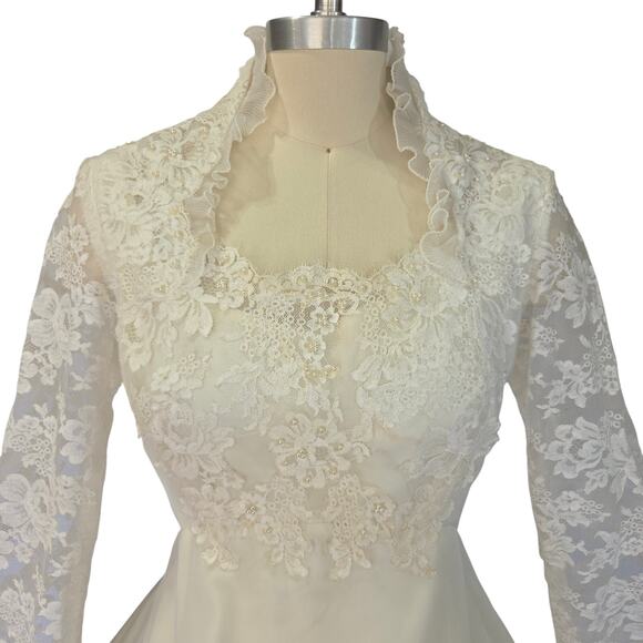 Vintage 60s 70s Wedding Dress Size 12 S M NWT White Lace Train Pleats Chiffon - Picture 5 of 16